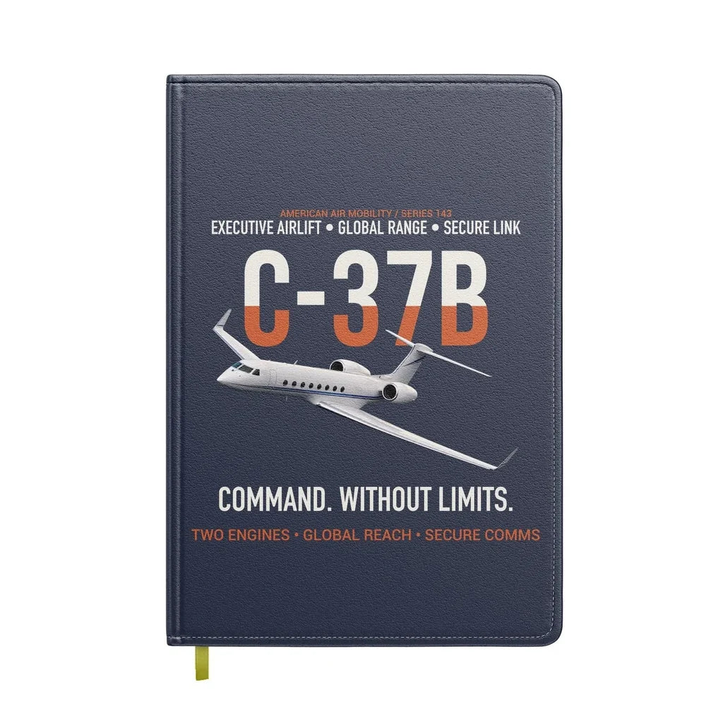 C-37B Global Command Link design on navy blue notebook