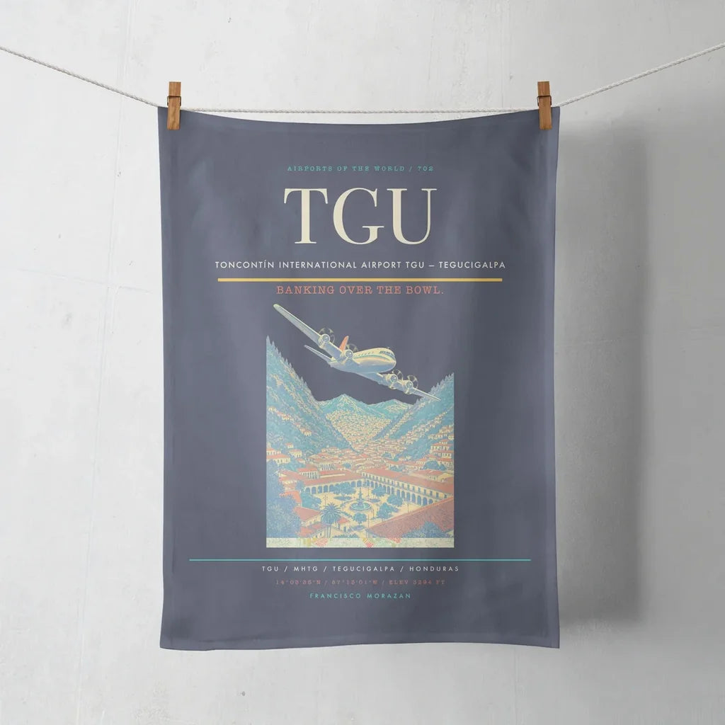 Toncontín International Airport (TGU) design on navy blue towel