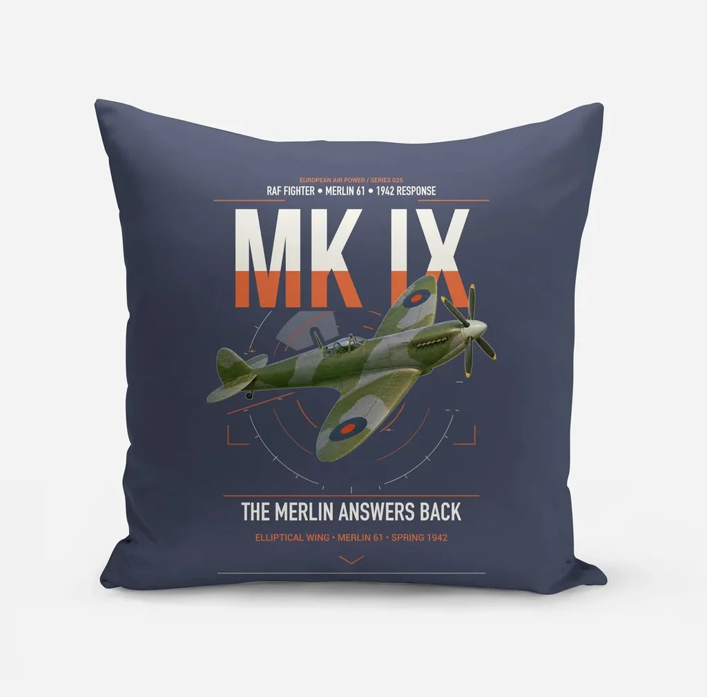 Supermarine Spitfire Mk IX design on navy blue pillow