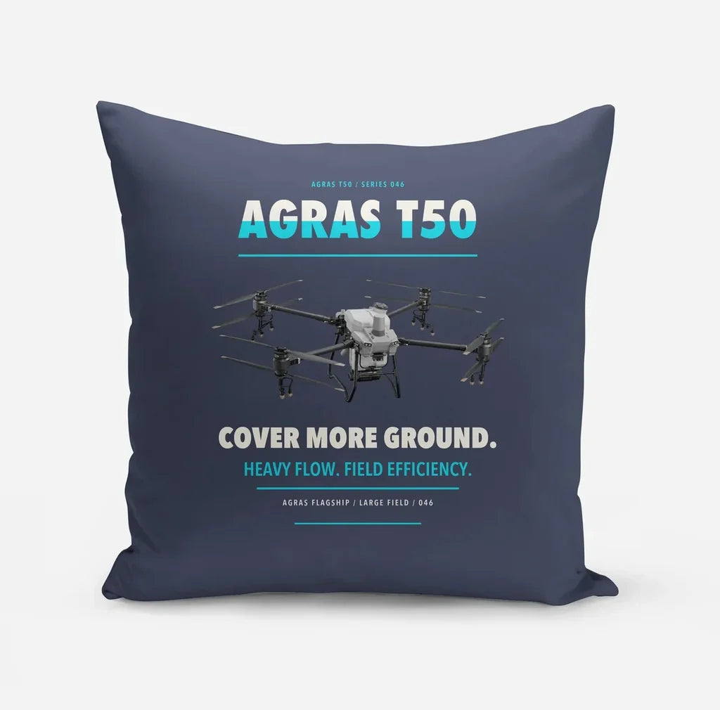 DJI Agras T50 design on navy blue pillow