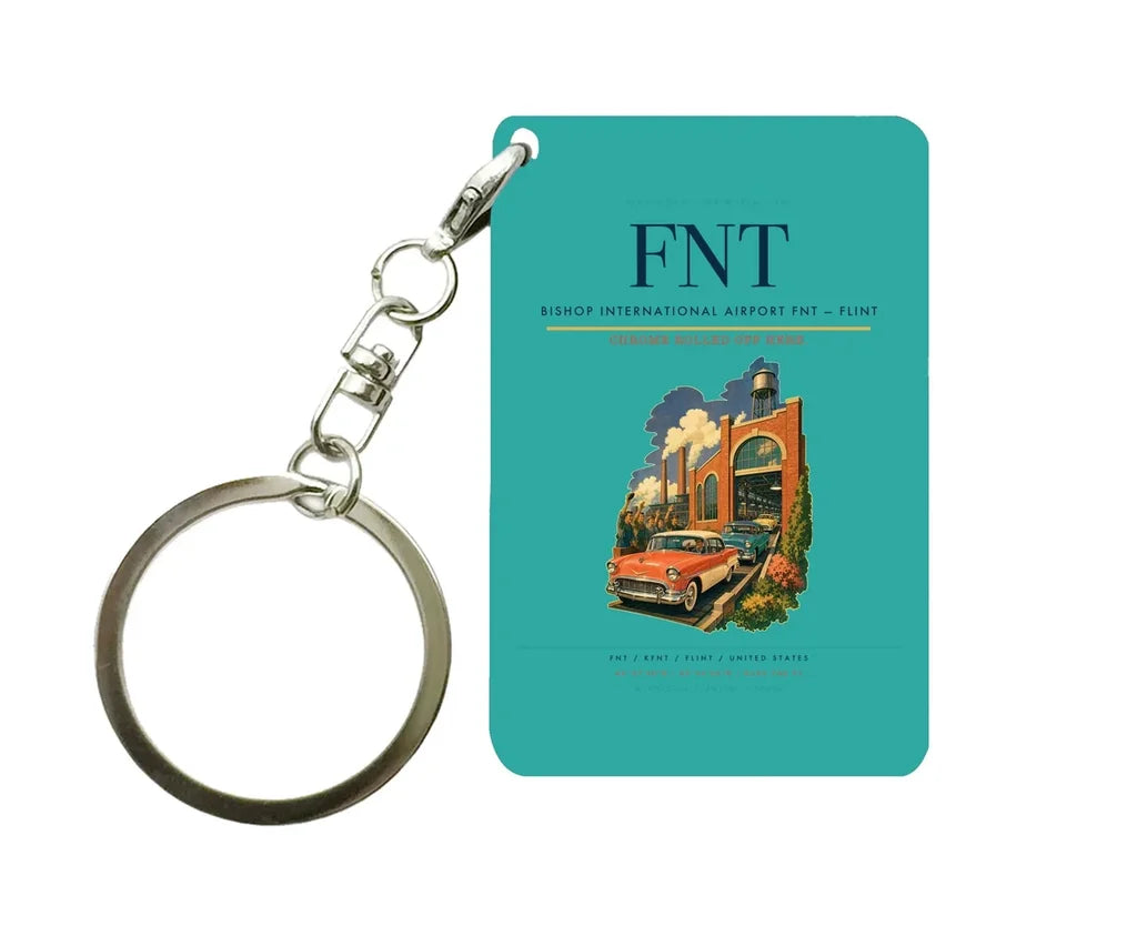 Bishop International Airport (FNT) design on turquoise key chain