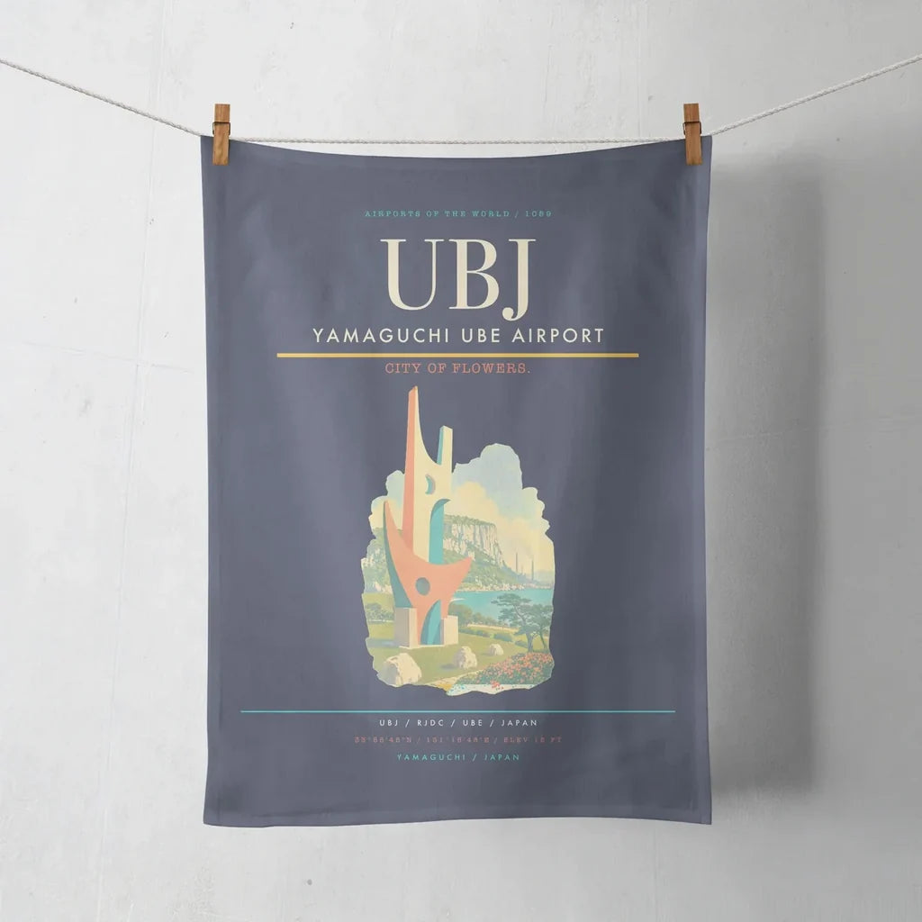 Yamaguchi Ube Airport (UBJ) design on navy blue towel