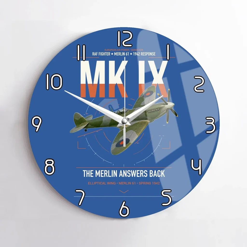 Supermarine Spitfire Mk IX design on blue no frame wall clock