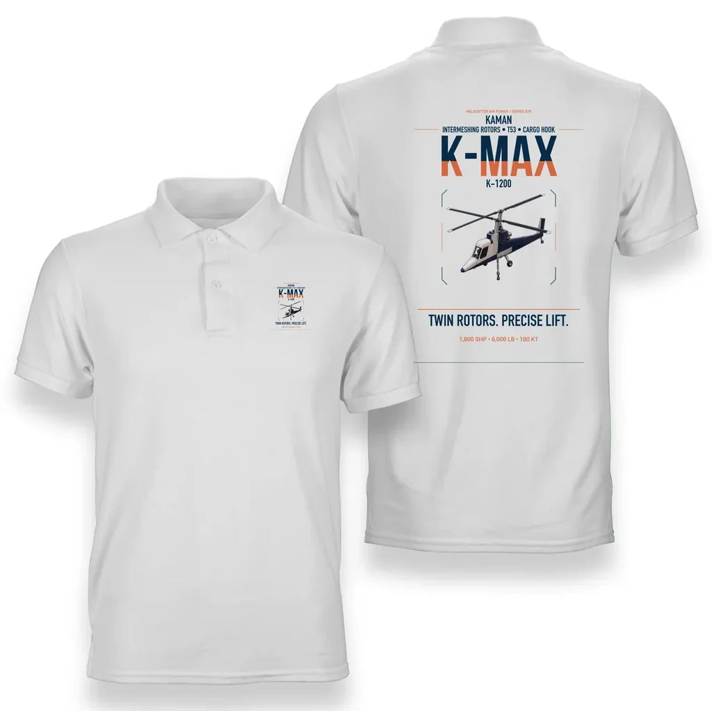 Kaman K-1200 K-MAX design on white double-side polo t-shirt, double-side print