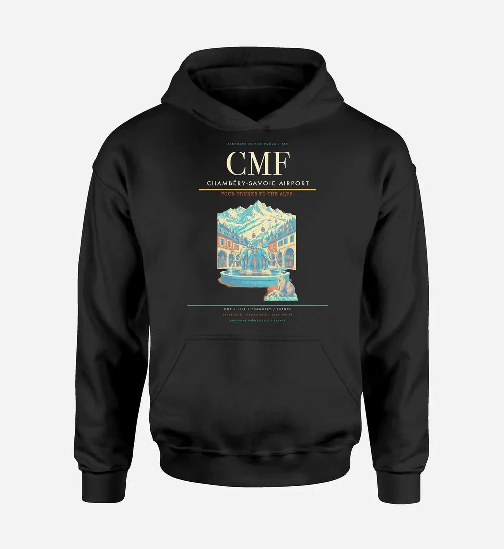 Chambéry-Savoie Airport (CMF) design on black hoodie single-side print