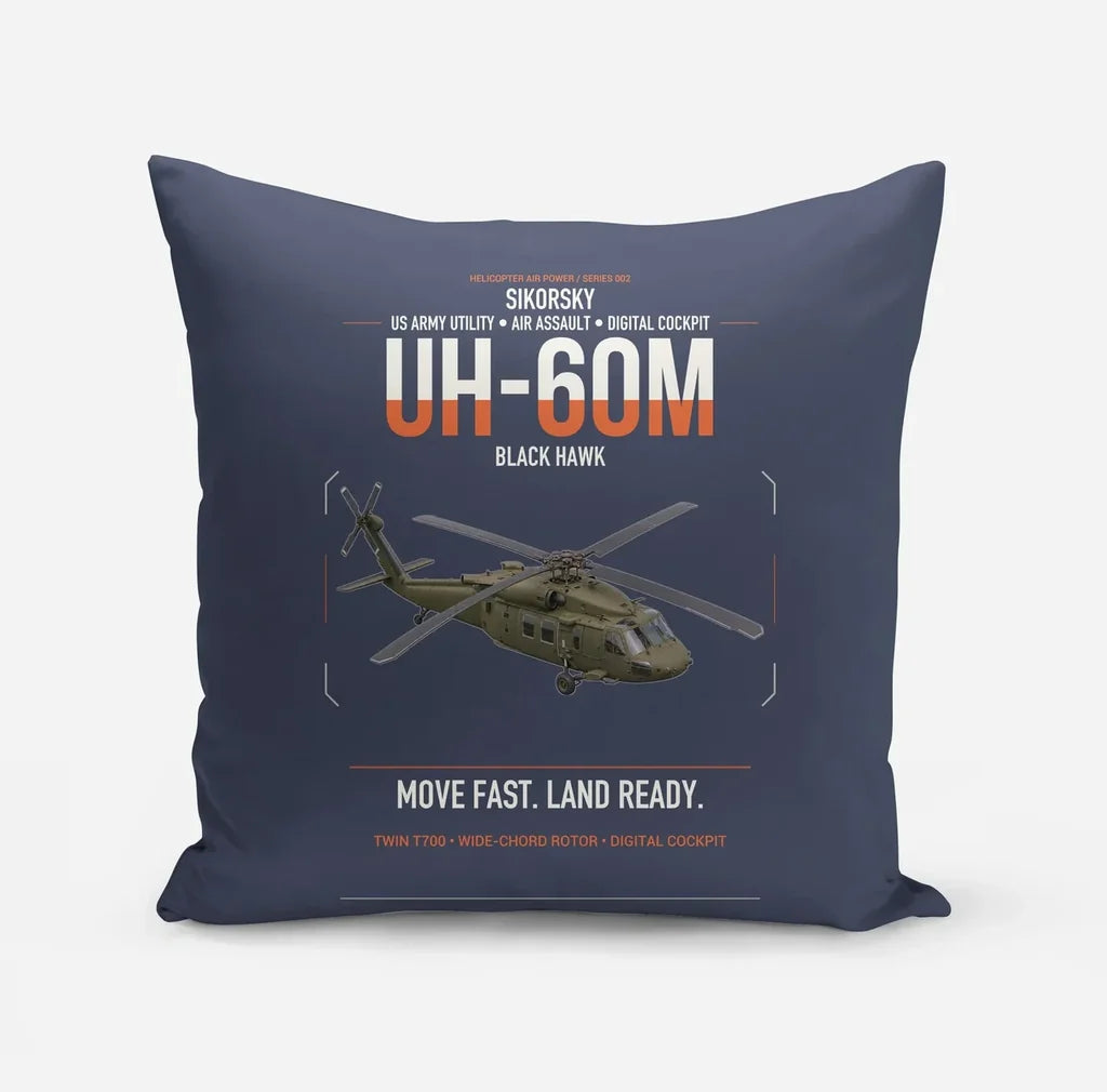 Sikorsky UH-60M Black Hawk design on navy blue pillow