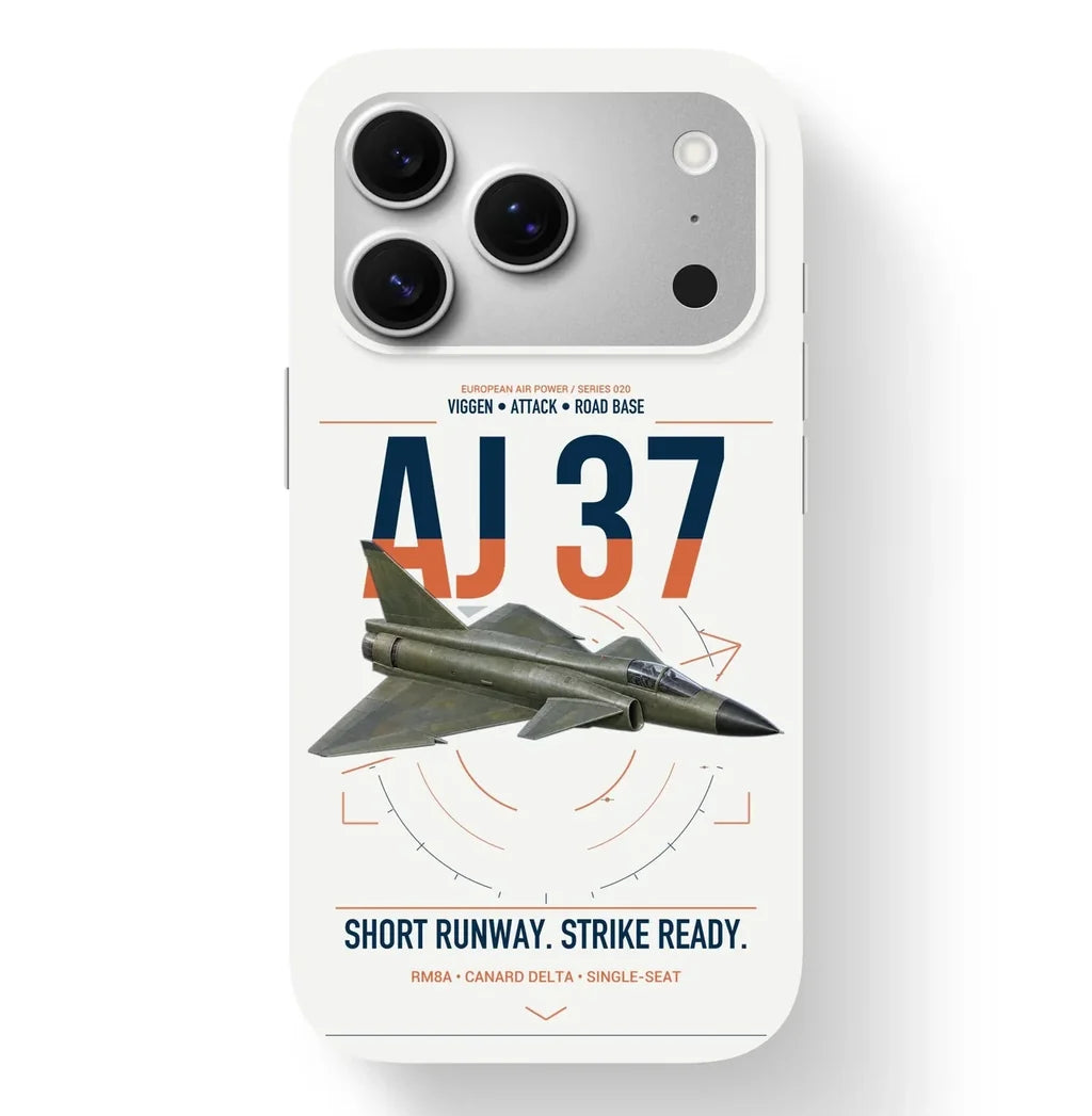 Saab AJ 37 Viggen design on white magsafe iphone case, for iPhone 17 Pro