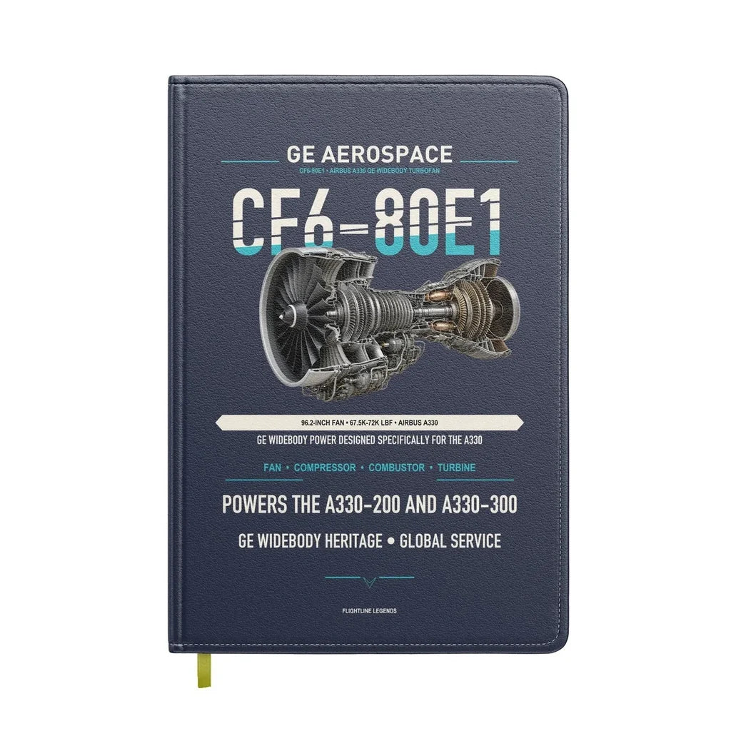 CF6-80E1 design on navy blue notebook
