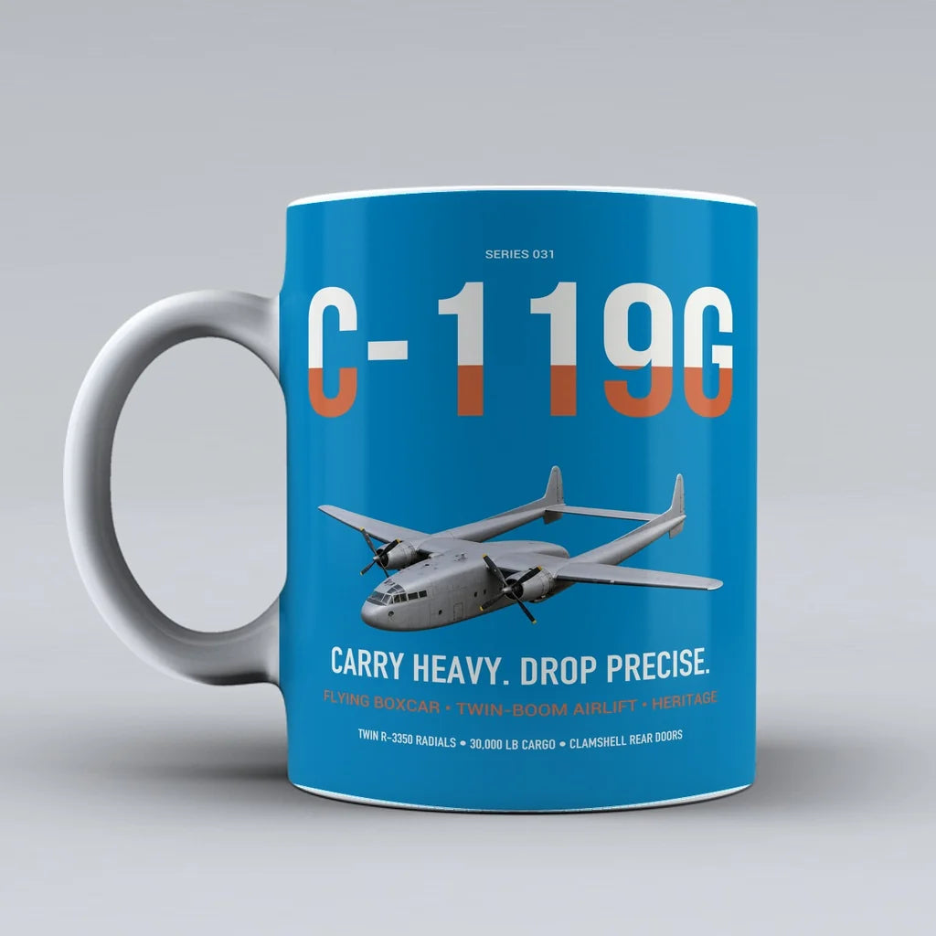 C-119G Flying Boxcar design on turquoise ceramic mug, double-side print