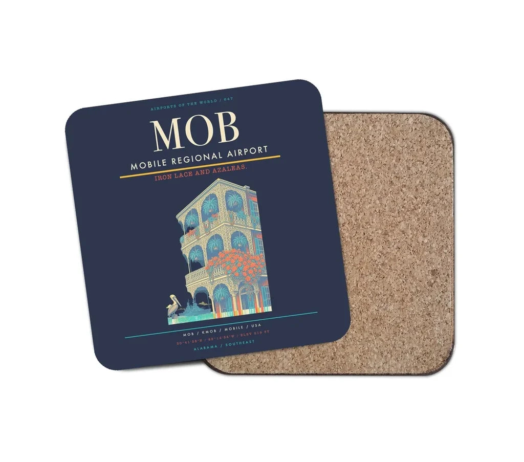 Mobile Regional Airport (MOB) design on navy blue 1 piece coaster