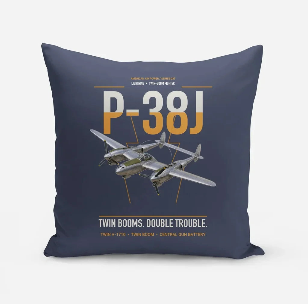 P-38J Lightning design on navy blue pillow