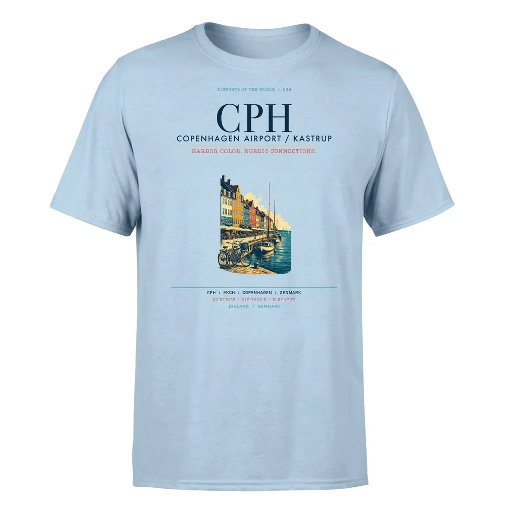 Copenhagen Airport (CPH) T-Shirt single-side front print in Light Blue | copenhagen-cph-airport-double-side-t-shirt