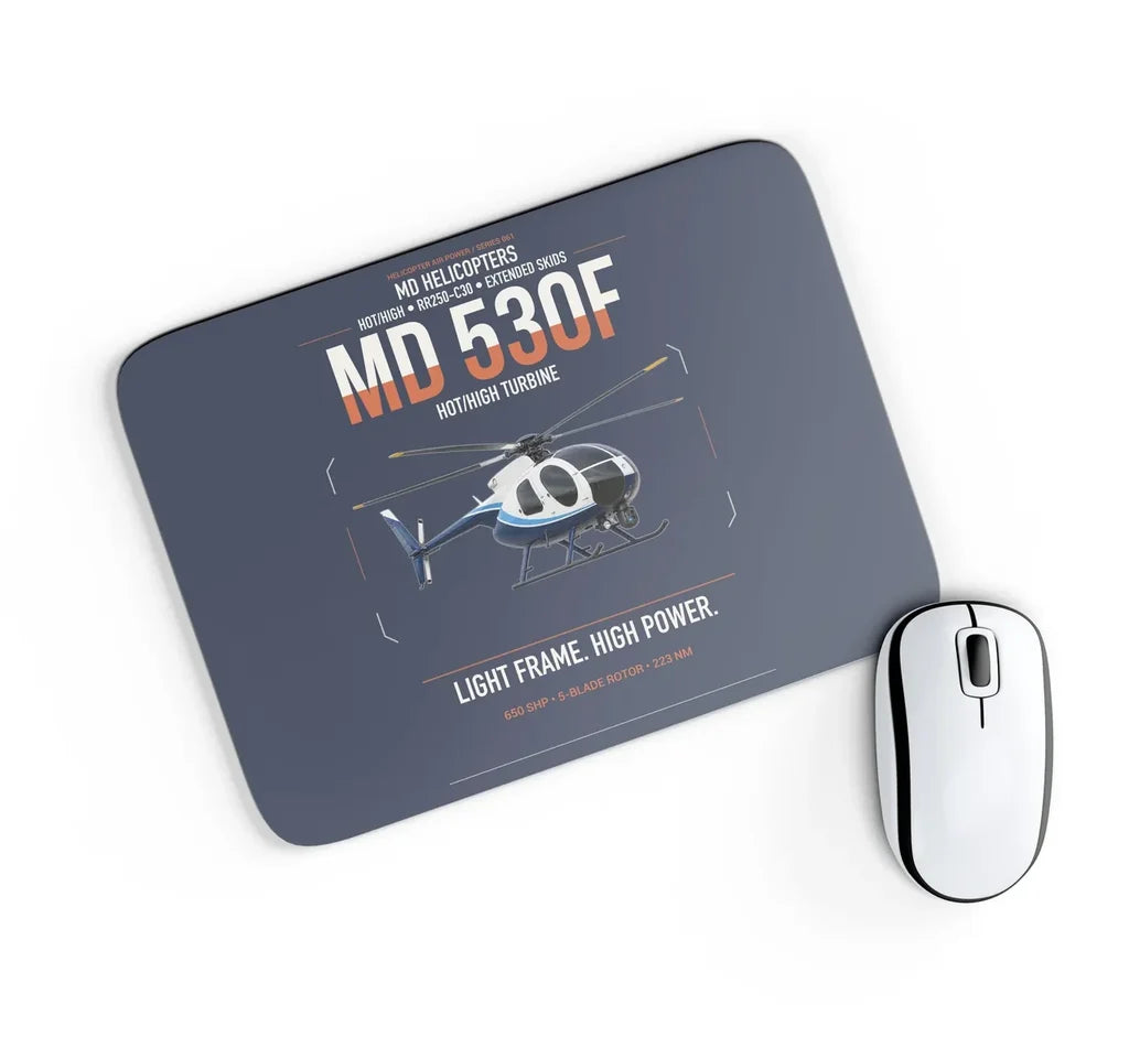MD Helicopters MD 530F design on navy blue rectangle mouse pad