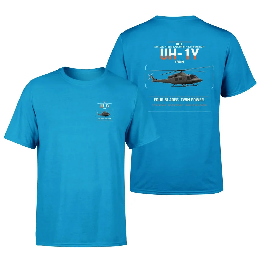 Bell UH-1Y Venom design on turquoise t-shirt, double-side print