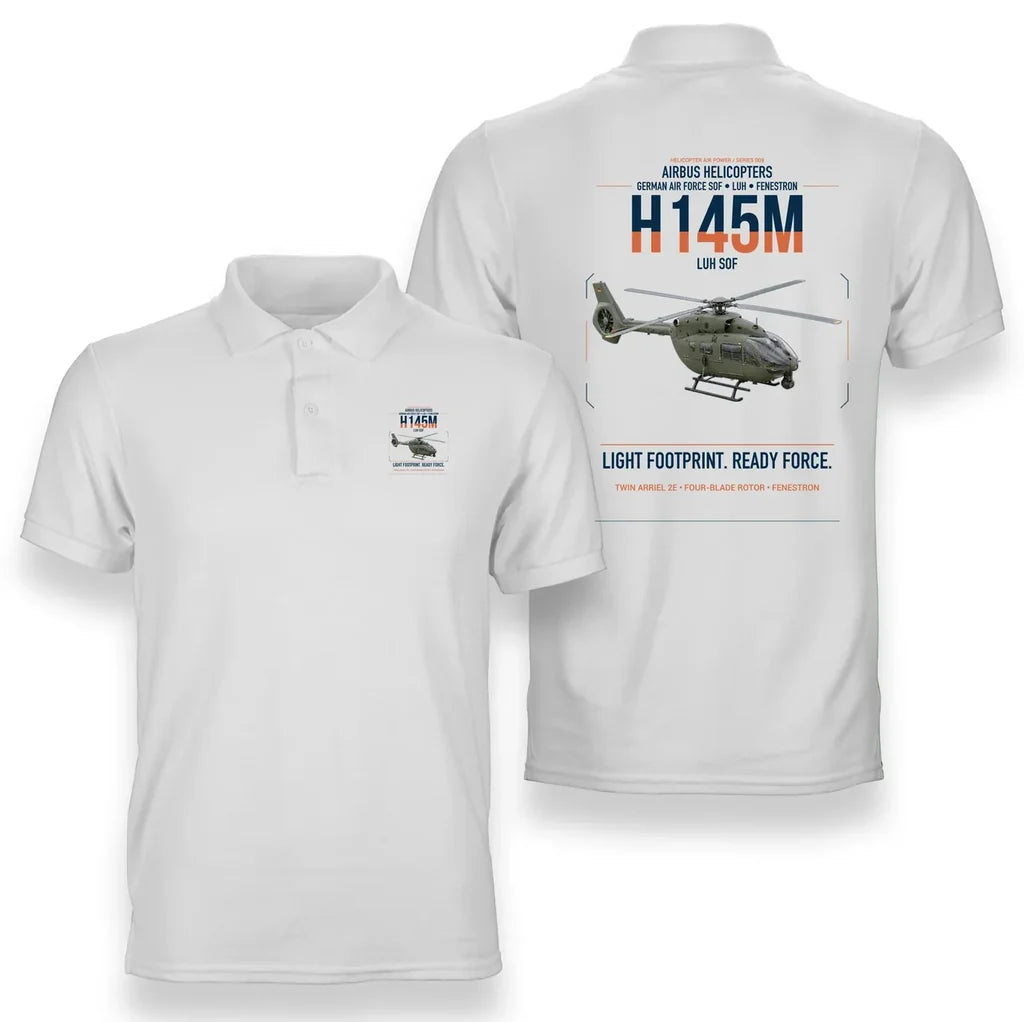 Airbus Helicopters H145M LUH SOF design on white double-side polo t-shirt, double-side print