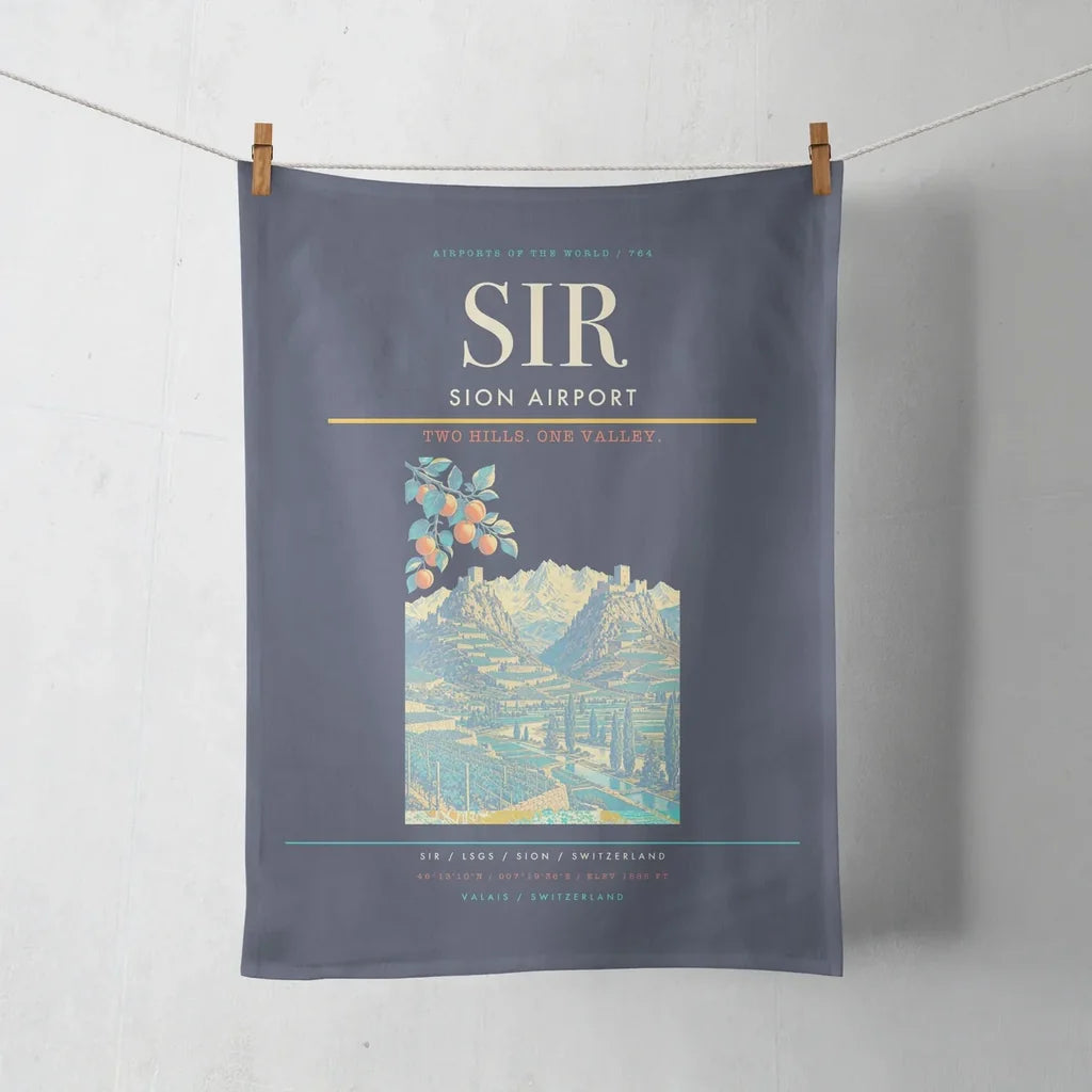 Sion Airport (SIR) design on navy blue towel