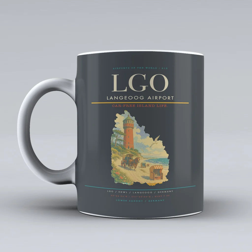 Langeoog Airport (LGO) airport code design on gray ceramic mug