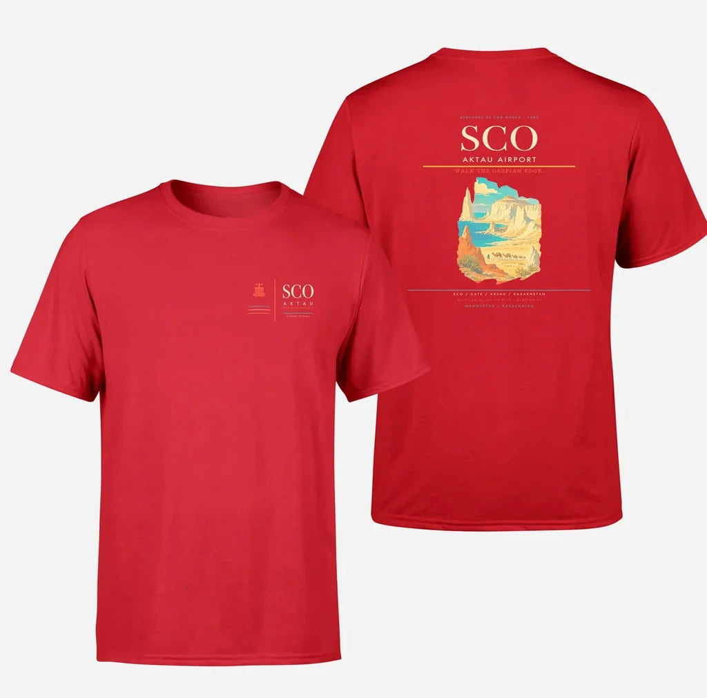 Aktau Airport (SCO) design printed on red double-side t-shirt