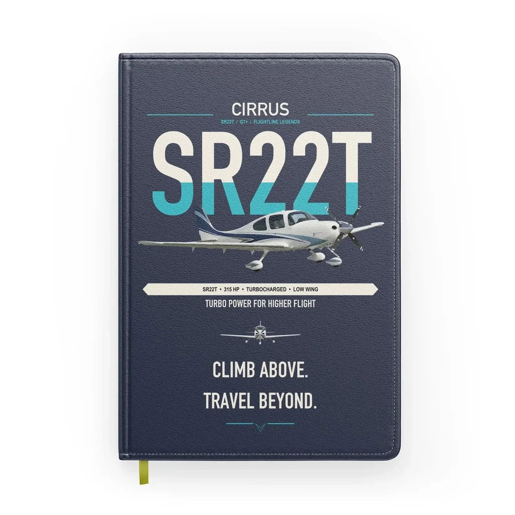 Cirrus SR22T design on navy blue notebook