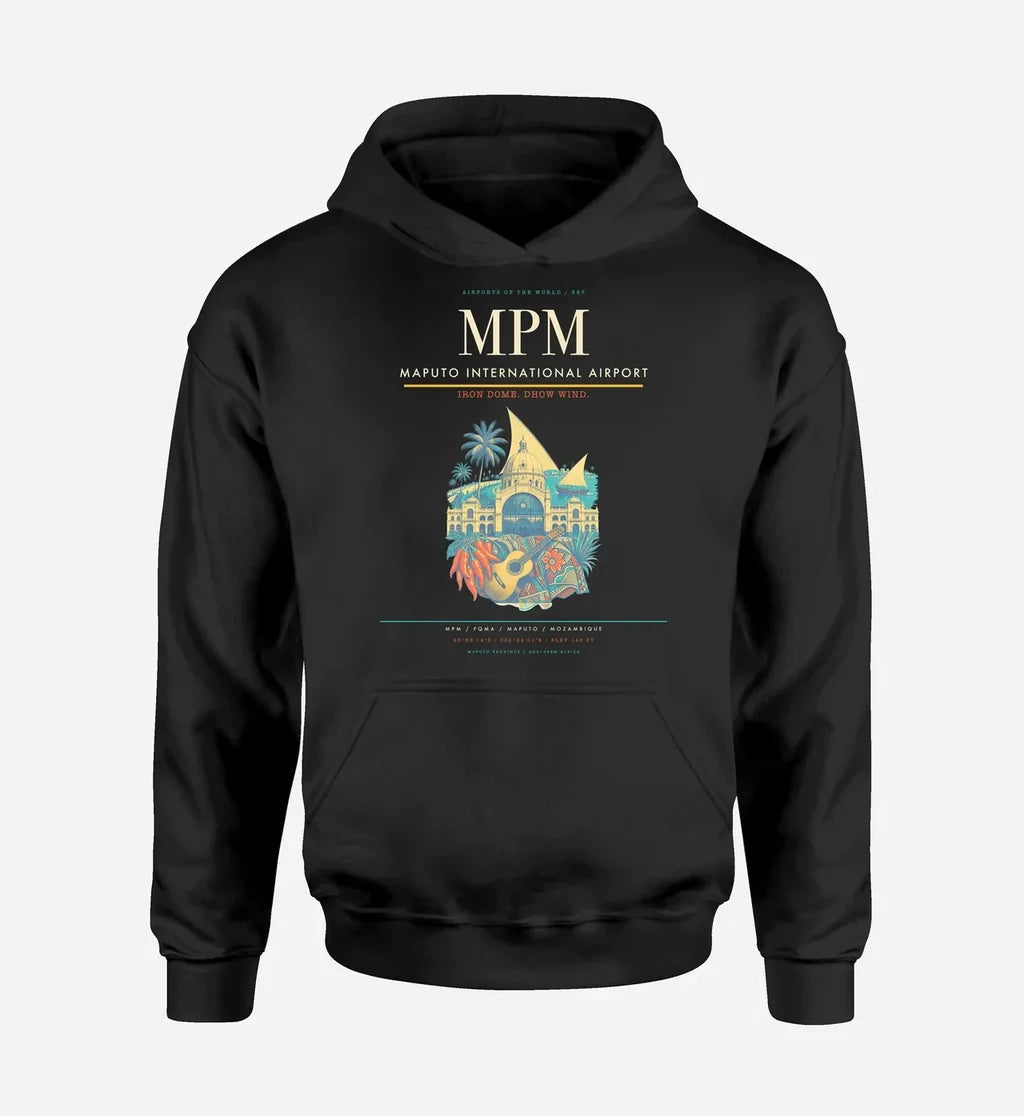 Maputo International Airport (MPM) design on black hoodie single-side print