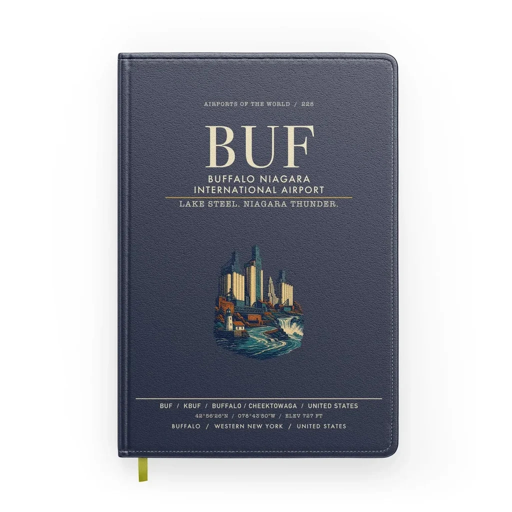 Buffalo Niagara International Airport (BUF) design on navy blue notebook