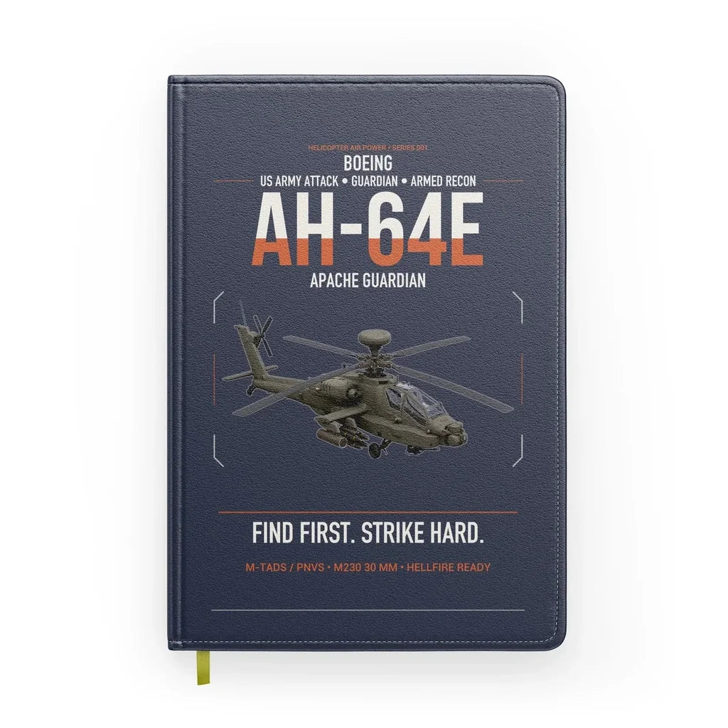 Boeing AH-64E Apache Guardian design on navy blue notebook