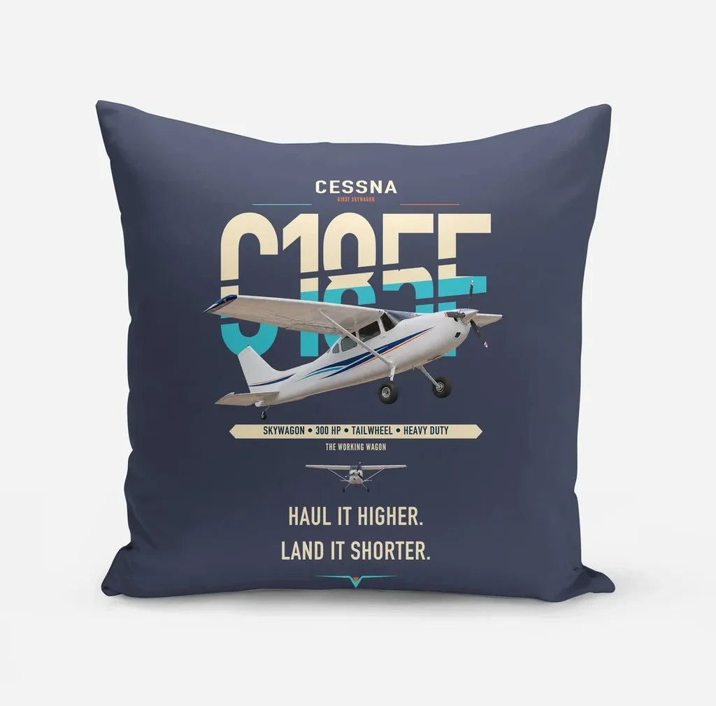 Cessna A185F Skywagon design on navy blue pillow