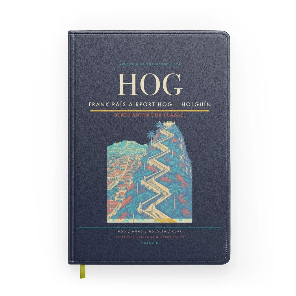 Frank País Airport (HOG) design on navy blue notebook
