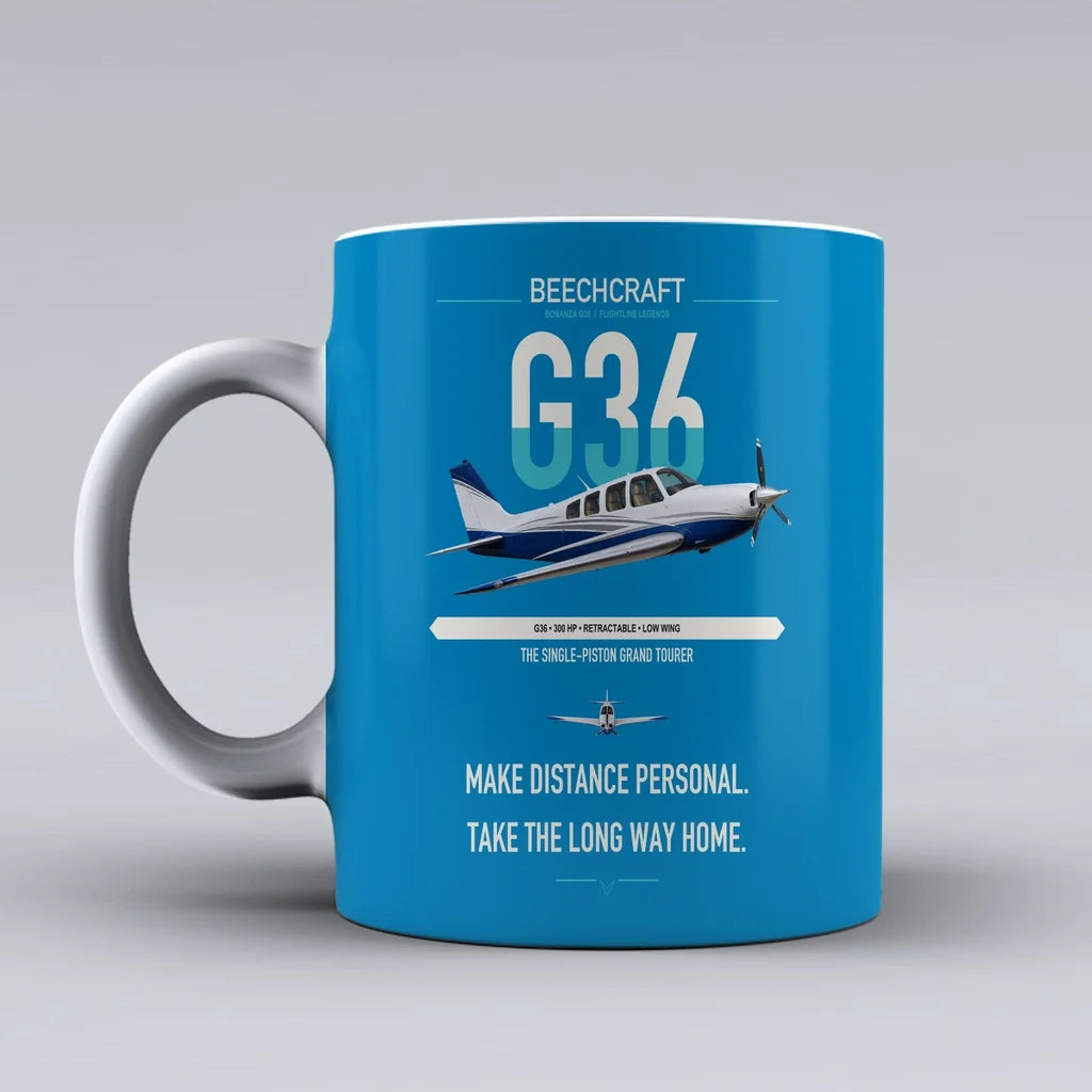 Beechcraft Bonanza G36 design on turquoise ceramic mug, double-side print