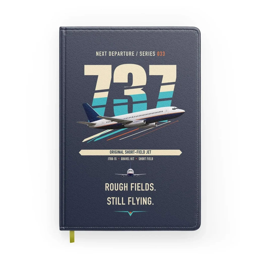 Boeing 737-200 design on navy blue notebook