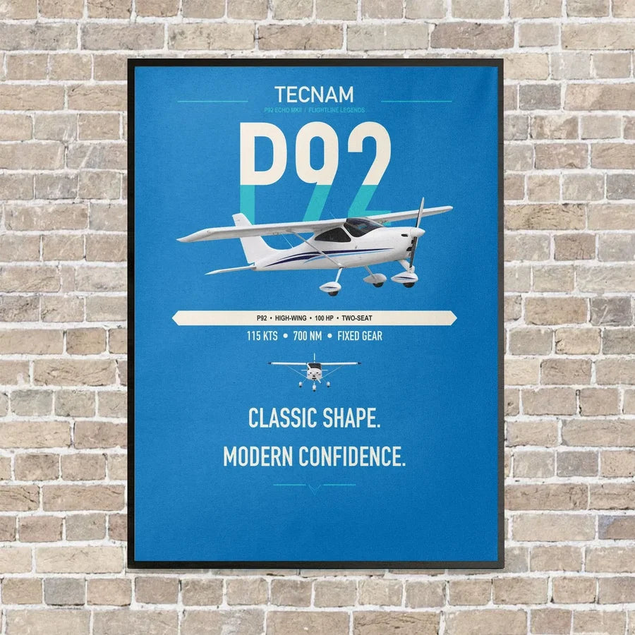Tecnam P92 Echo MkII vertical canvas print - framed - turquoise background