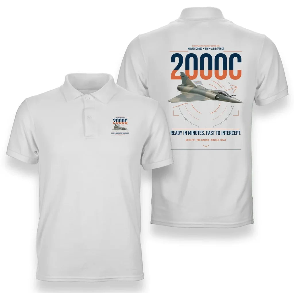 Dassault Mirage 2000C RDI design on white double-side polo t-shirt, double-side print