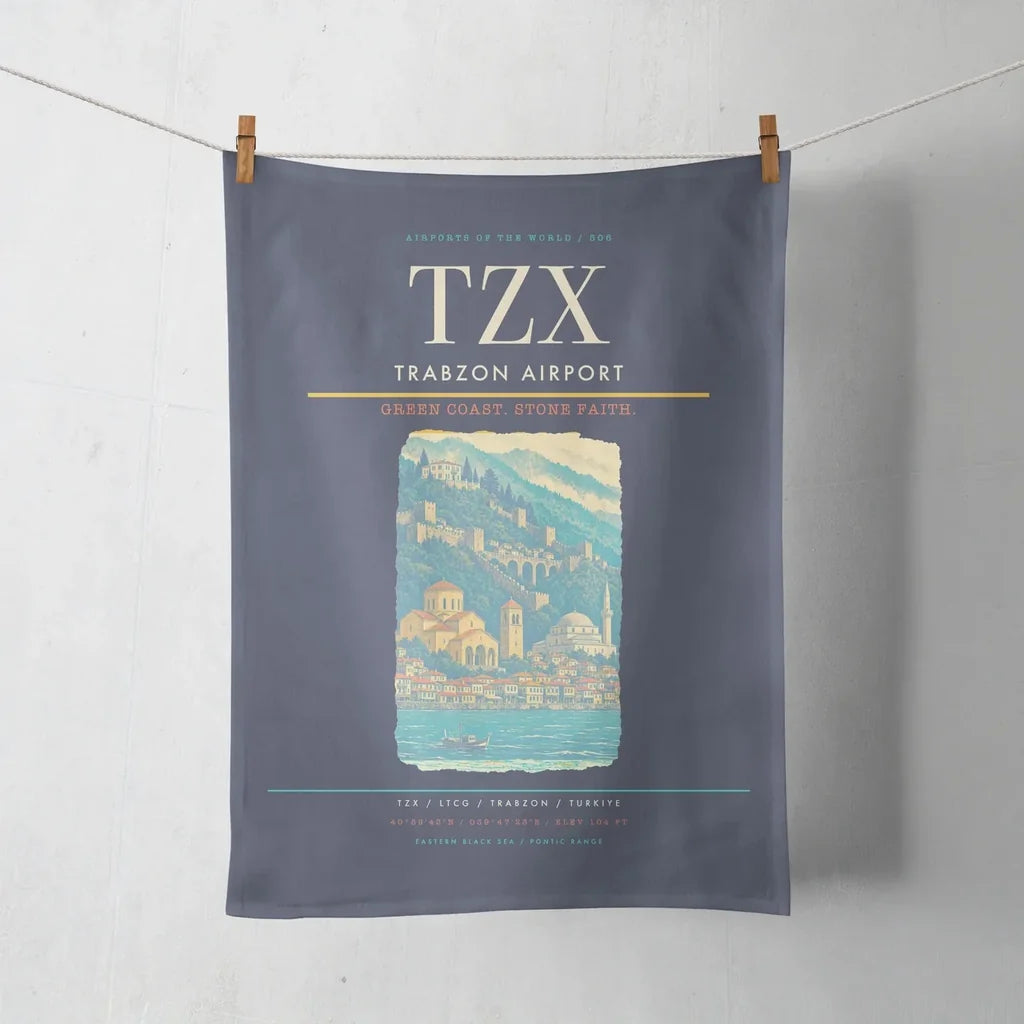 Trabzon Airport (TZX) design on navy blue towel