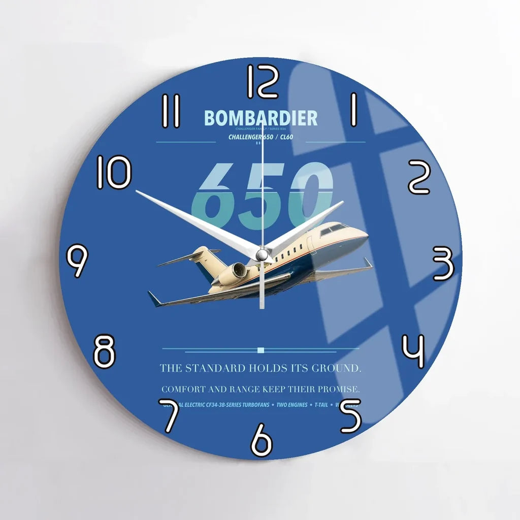 Bombardier Challenger 650 design on blue no frame wall clock