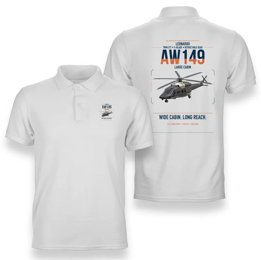 Leonardo AW149 design on white double-side polo t-shirt, double-side print