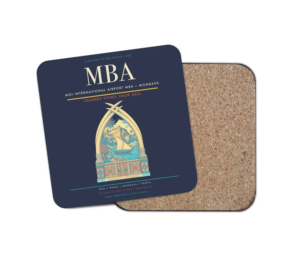 Moi International Airport (MBA) design on navy blue 1 piece coaster