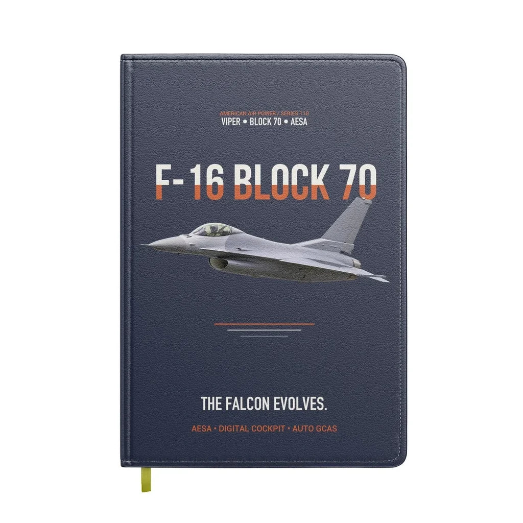 F-16 Block 70 The Falcon Evolves design on navy blue notebook
