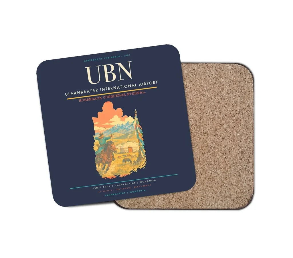 Ulaanbaatar International Airport (UBN) design on navy blue 1 piece coaster