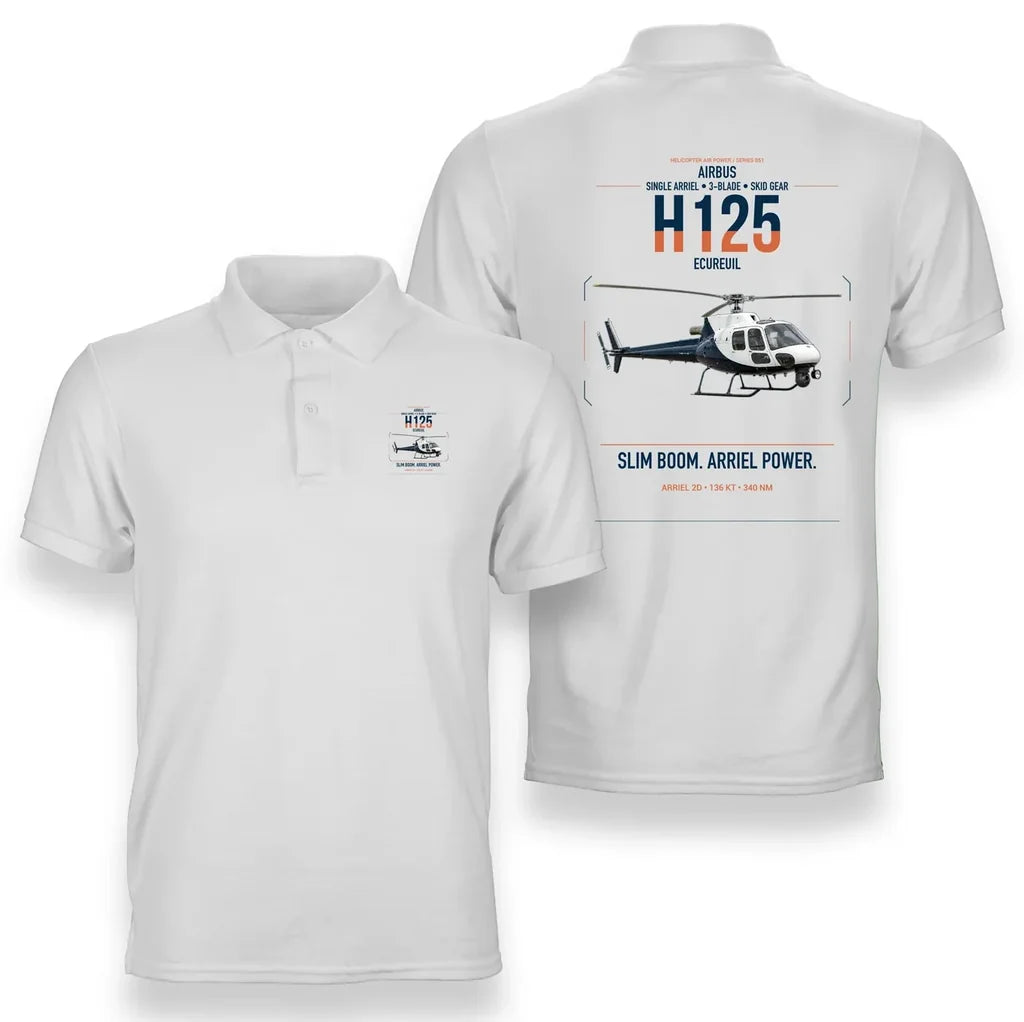 Airbus H125 design on white double-side polo t-shirt, double-side print