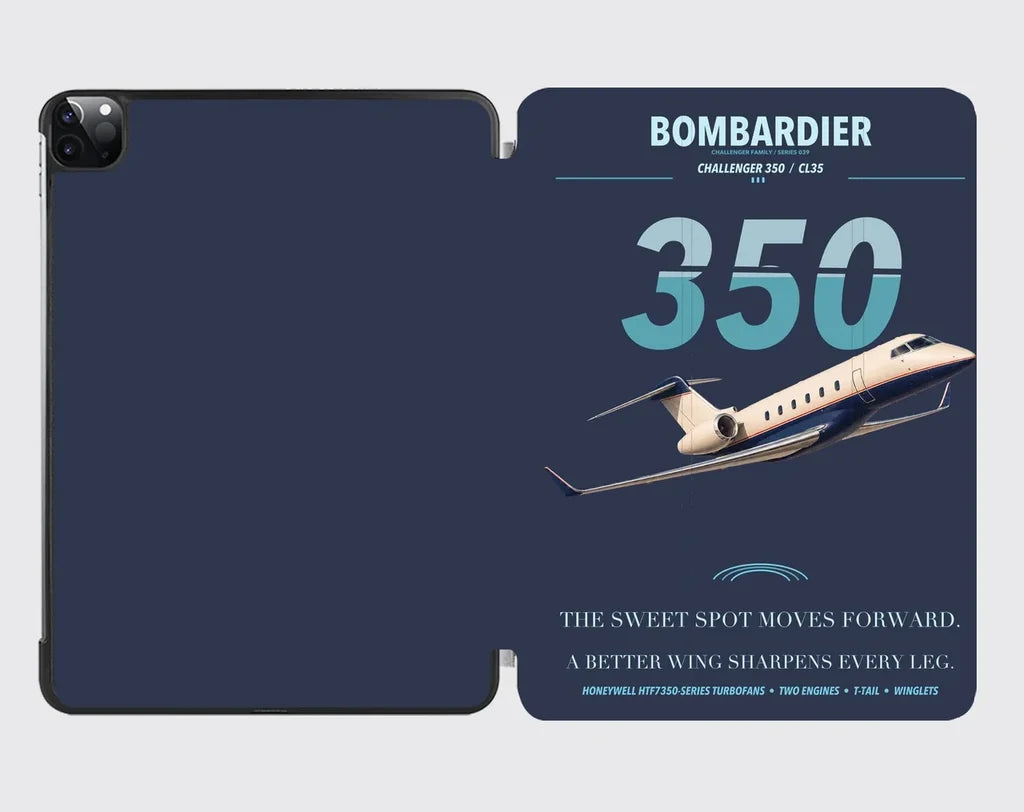 Bombardier Challenger 350 design on navy blue ipad tablet case