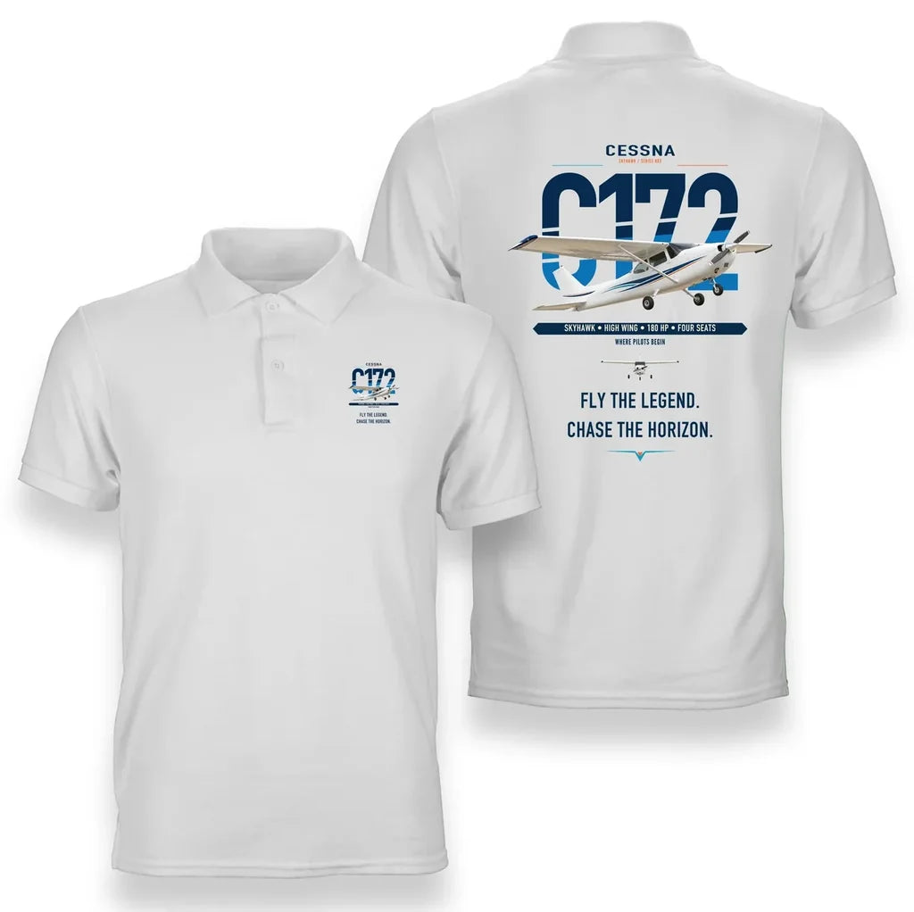 Cessna 172 Skyhawk design on white double-side polo t-shirt, double-side print