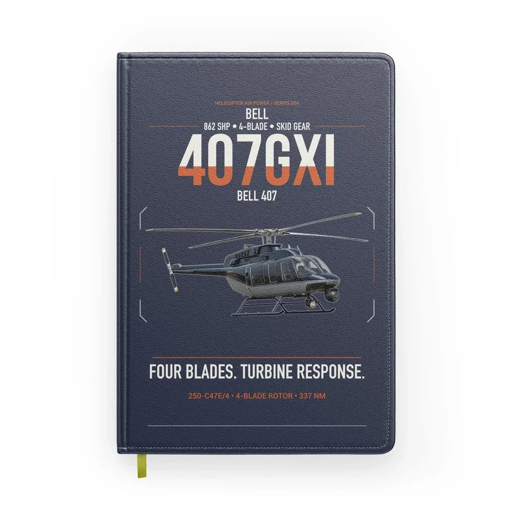 Bell 407GXi design on navy blue notebook