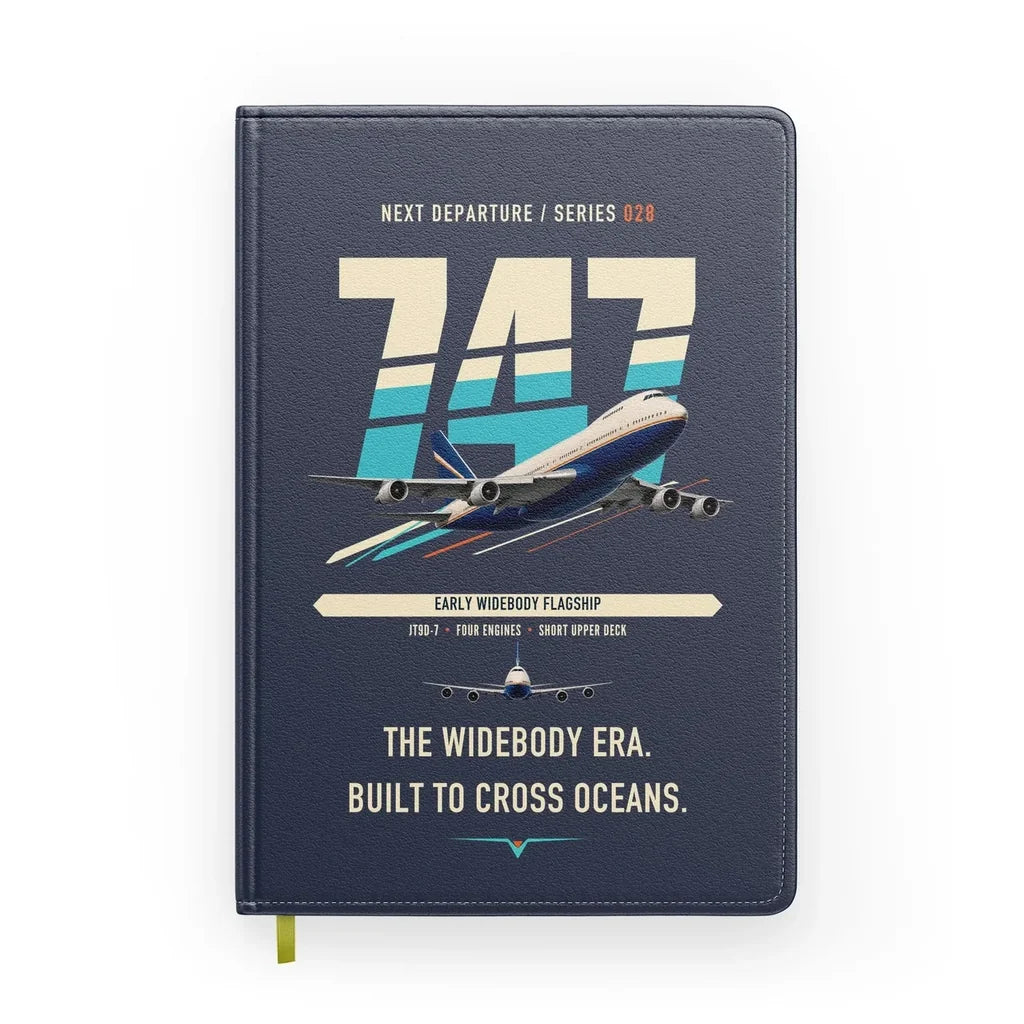 Boeing 747-200B design on navy blue notebook