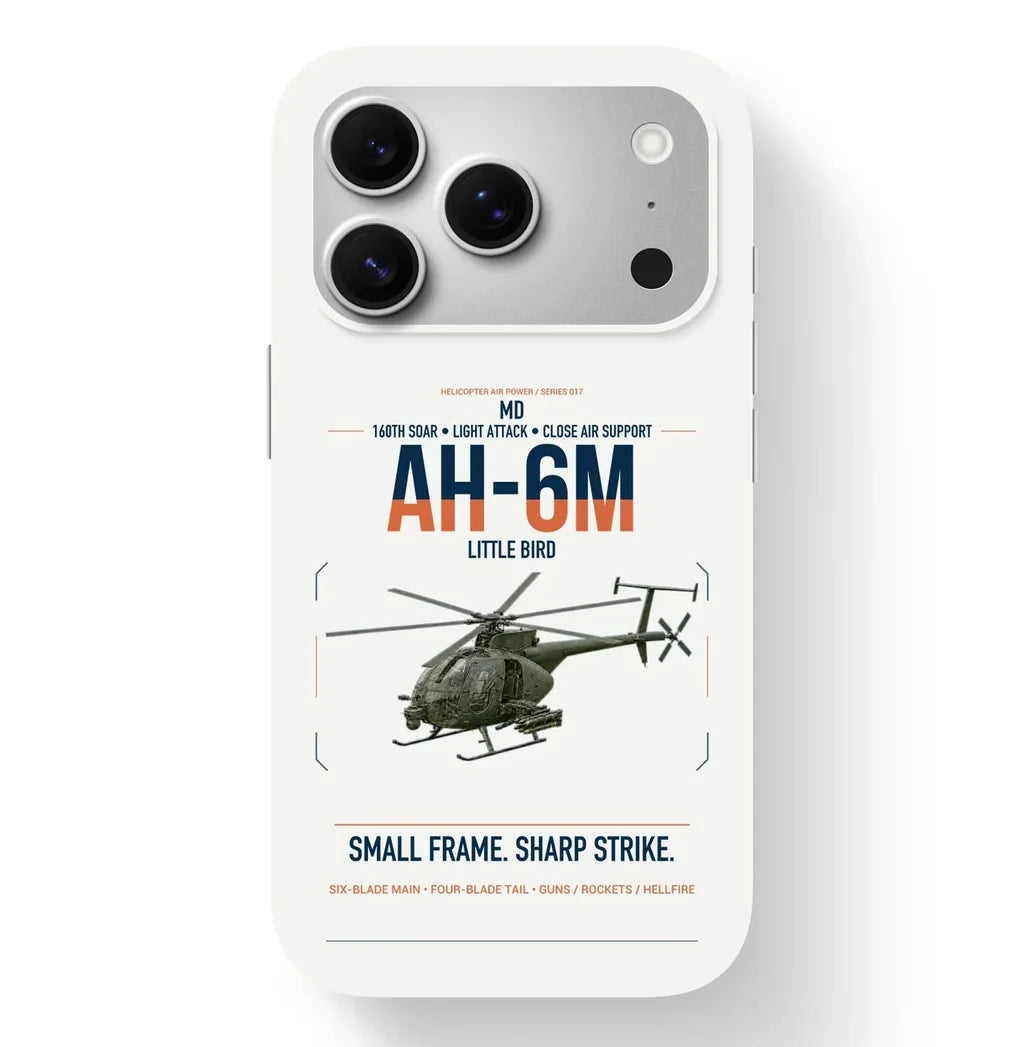 MD AH-6M Little Bird design on white magsafe iphone case, for iPhone 17 Pro