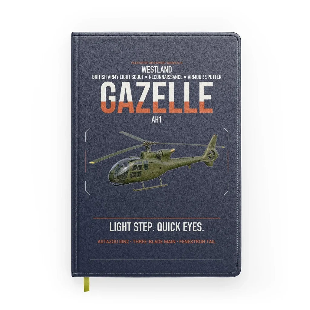 Westland Gazelle AH1 design on navy blue notebook
