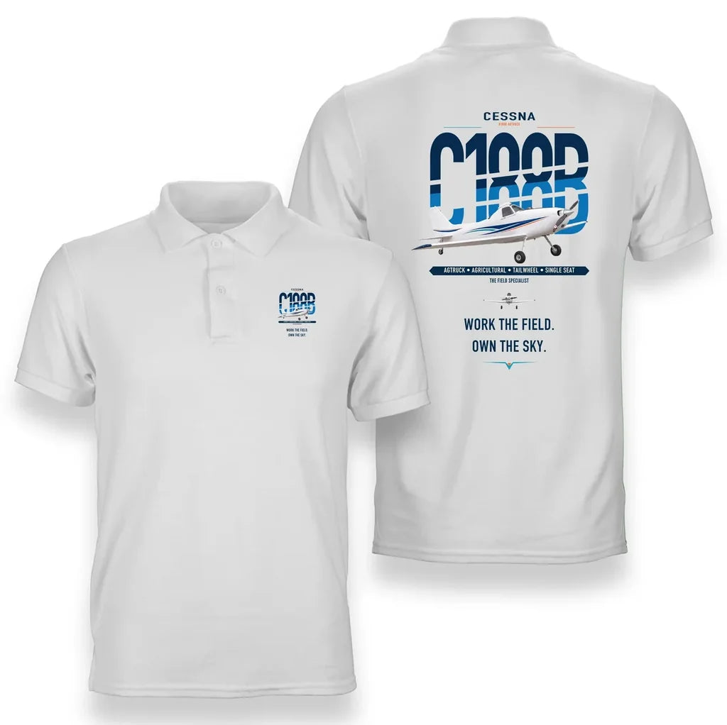 Cessna A188B AgTruck design on white double-side polo t-shirt, double-side print