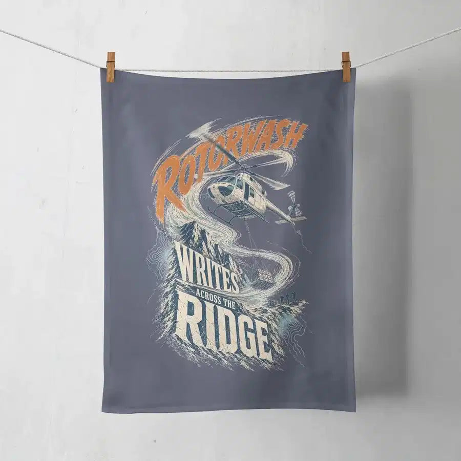 Rotorwash Writes Across The Ridge design on navy blue towel