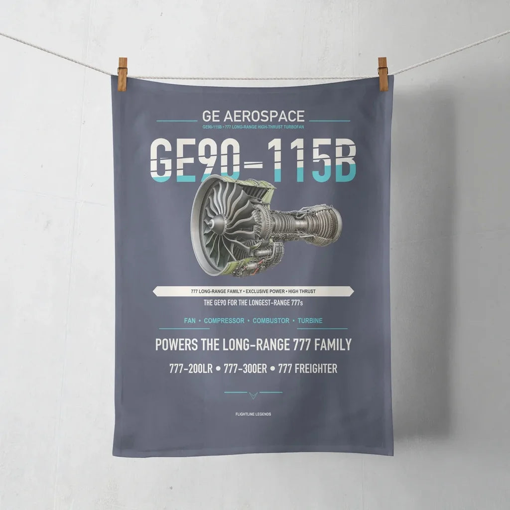 GE90-115B design on navy blue towel