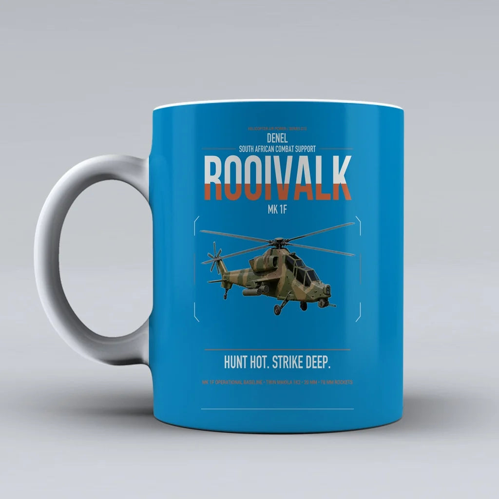 Denel Rooivalk Mk 1F design on turquoise ceramic mug, double-side print