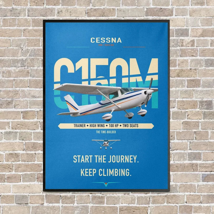 Cessna 150M vertical canvas print - framed - turquoise background